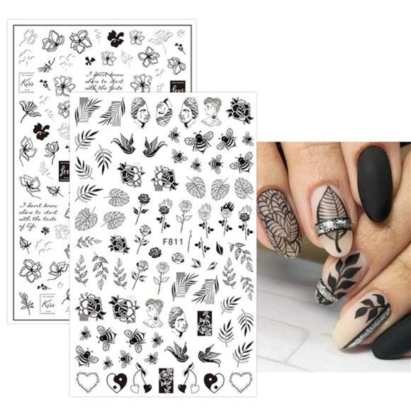 10 Sheets Flower Spring Nail Art Stickers Decals Self-Adhesive Black Nail Art - Picture 4 of 7